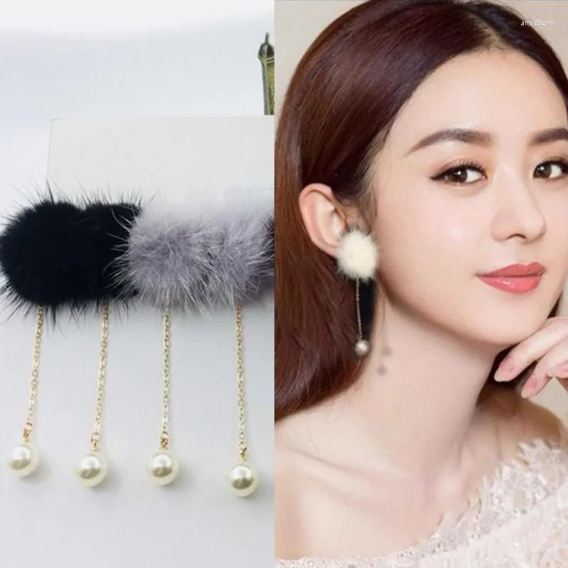 Backs Earrings Grace Jun Winter Style Simulated Pearl Fur Ball Clip On Non Piercing For Women Party No Hole Ear