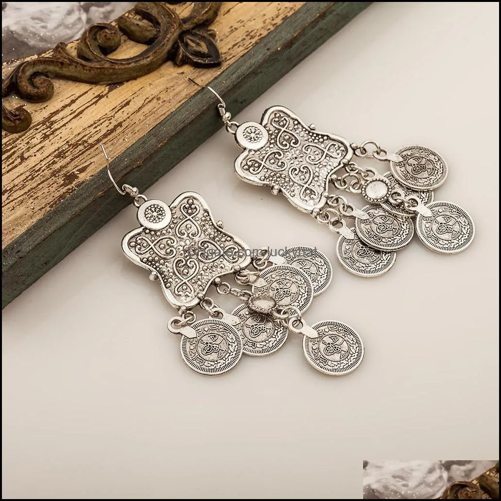 Dangle Chandelier Carving Flower Coin Statement Ancient Antique Sier Ethnic Bohemian Gypsy India Style Jewelry Drop Delivery Earrin Dhxnv