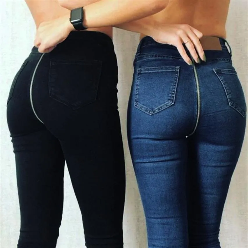 30H Mulheres costas z￭per jeans jeans cal￧as l￡pis alongadas jeans skinny cal￧a alta cal￧a de cintura streetwear195l