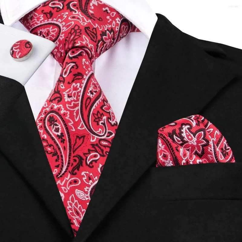 Bow Ties SN-1616 Hi-Tie Red Wedding For Men Classic Paisley Pattern Neck Tie Pocket Square Cufflinks Set Fashion Gravatas