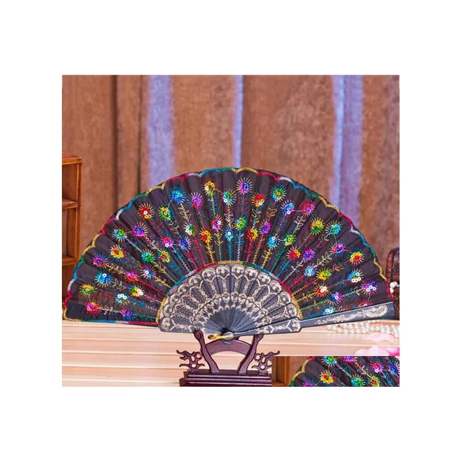 Party Favor Chinese Classical Dance Folding Fan Elegant Colorf Brodered Flower Peacock Patterns paljetter Kvinnlig plast handh￥llen fa otnuj