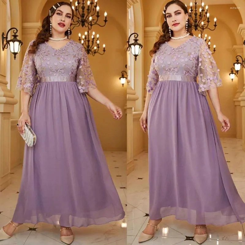 Ethnic Clothing Elegant Women Plus Size Large Maxi Dress 2023 Summer V Neck Embroidery Purple Oversize Long For Party Evening Festival