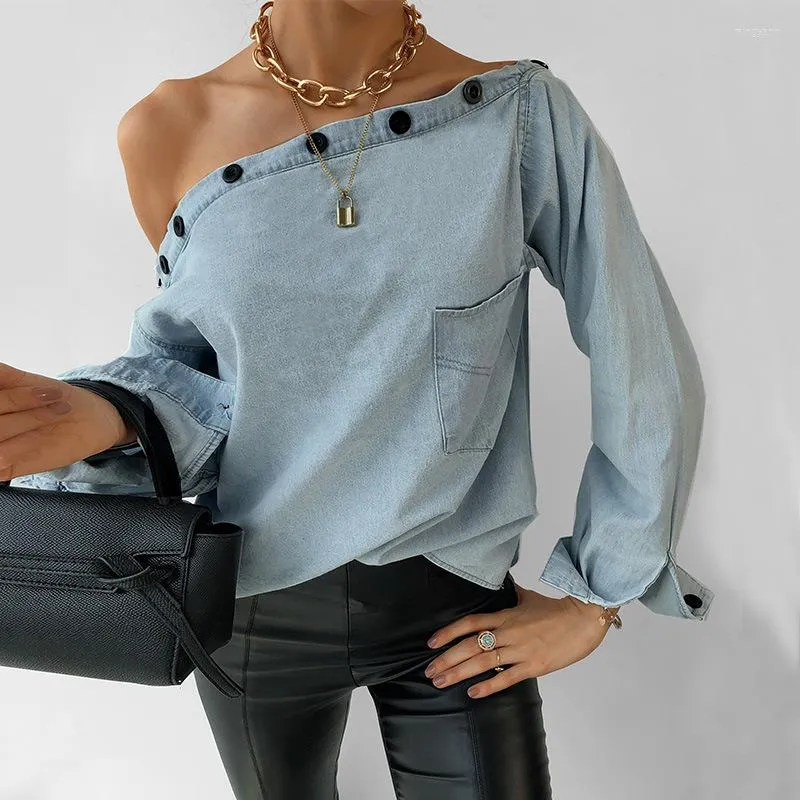 Koszulki damskie moda kobiety z ramion długoterminowe dżinsowe koszulka rerto guziki guziki swobodne luźne bluzka kieszonkowa samica vintage
