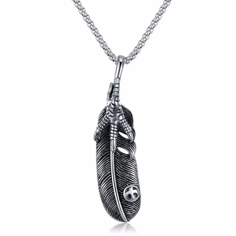 Pendant Necklaces Mens Punk Stainless Steel Feather With Eagle Claw 55mm Chain Necklace Steampunk Jewelry For Men