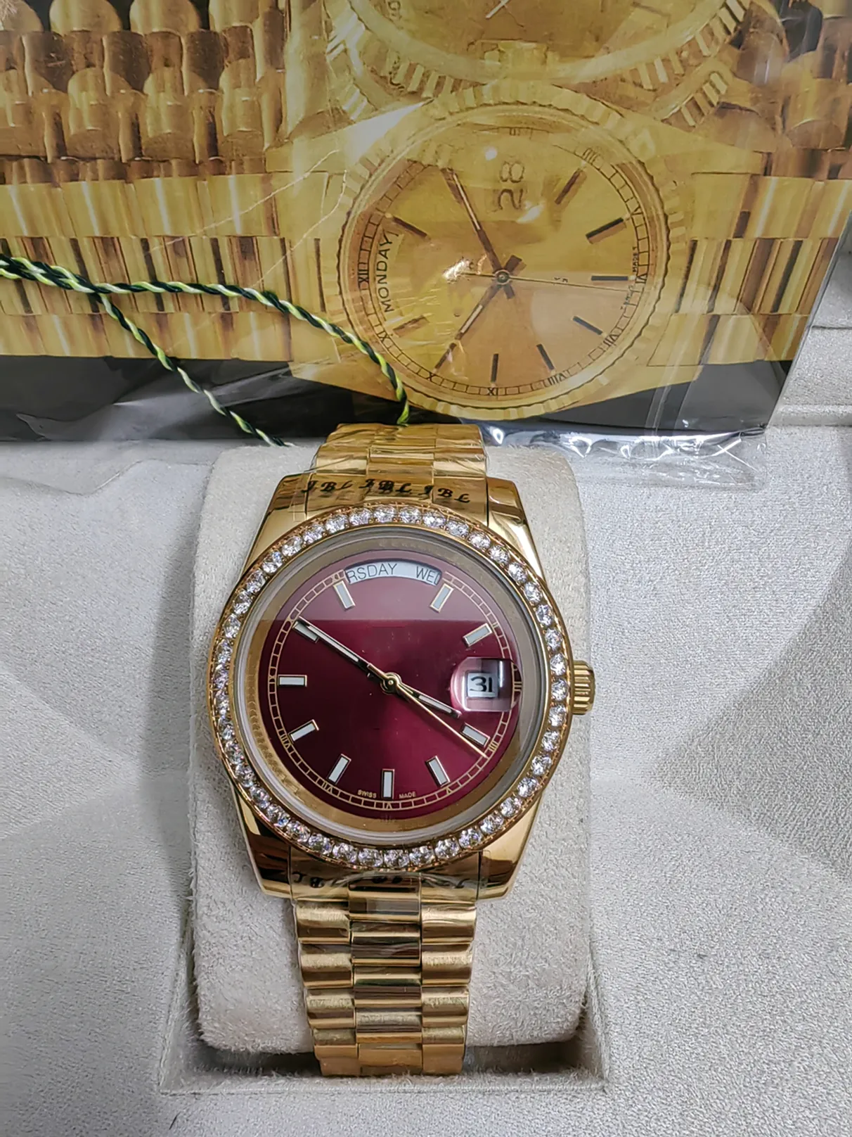 Z oryginalnymi pudełkiem luksusowe zegarki 41 mm męskie 18k żółta czerwona tarcza większa diamentowa automatyczna moda marka męska zegarek na rękę 281320