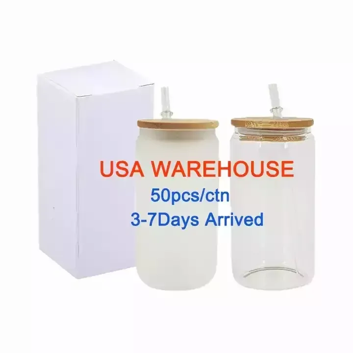 USA Warehouse Sublimation Glass Mugs Soda Coffee Bear Can Glass Tumbler 16oz透明なフロスト昇華ガラスカップ50pcs/漫画