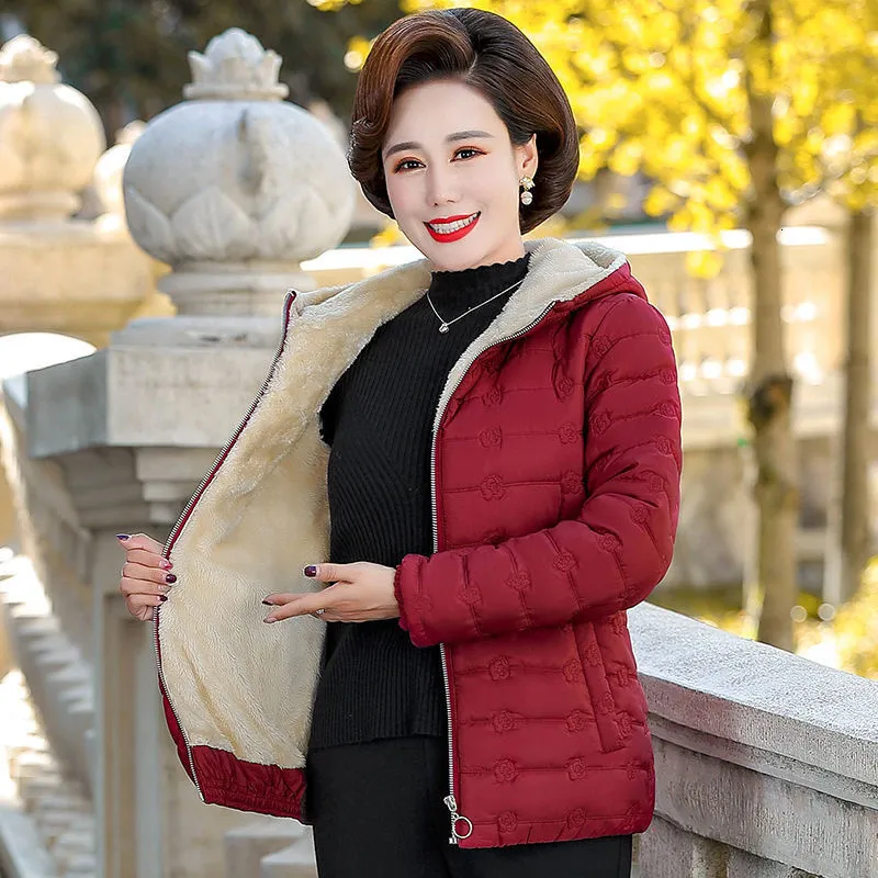 Kobiet Down Parkas Autumn Winter Midddleaged Lady Hooded Short Kurtka Kobiet Slim Plus Cashmere Warm Casual Wam Coat 230112