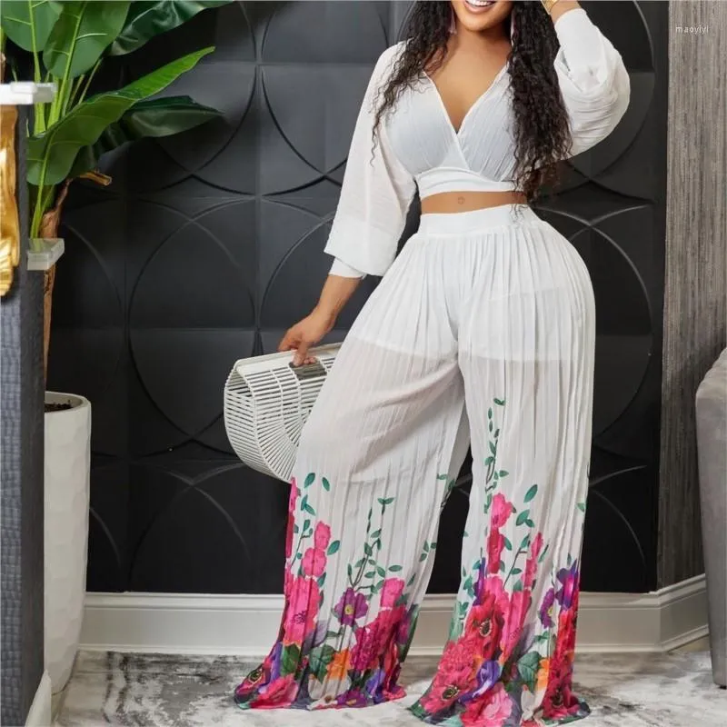 Women's Two Piece Pants Set Women's V-Neck Doll Sleeve Chiffon Top Pleated Wide Leg Fashion Matching Pant Sets Famous Suit Spring Summer