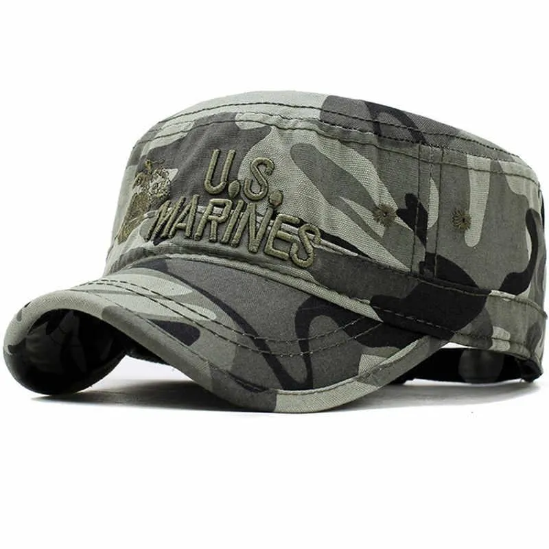 Breda brimhattar 2023 USA US Marines Corps Cap Hat Military Camouflage Flat Top Men Cotton Hhat USA Navy broderad camo