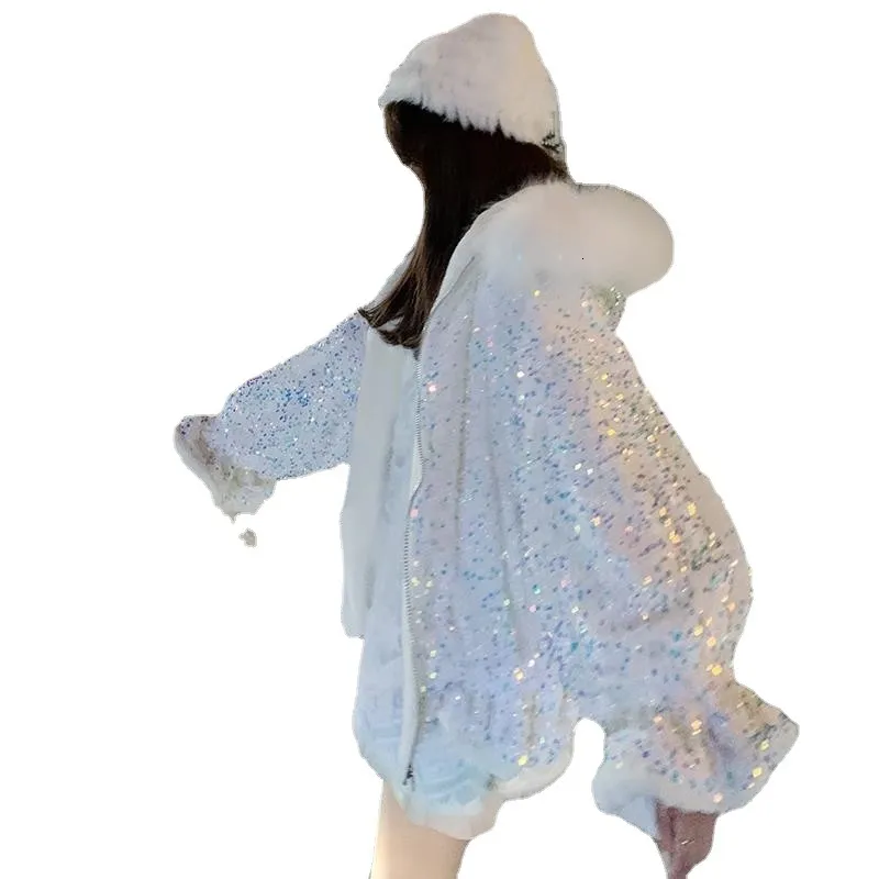 Piumino da donna Parka Collo in pelliccia sintetica Cappotto da donna con paillettes Fodera invernale con giacca da donna moda fluff 230112