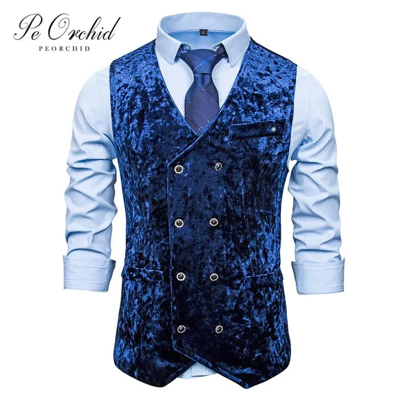 Gilet da uomo PEORCHID Royal Blue Vevlet Suit Gilet Doppiopetto Vintage Business Giacca senza maniche Sposo Gilet da sposa Abito da uomo