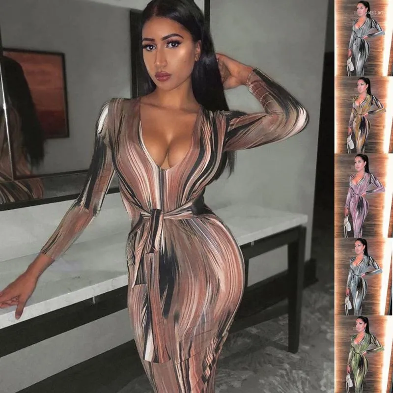 Lässige Kleider 2023 Langarm bunte Print V-Ausschnitt Bodycon Kleider Frühling Frauen Modelle Streetwear Party Elegante Frauenkleidung