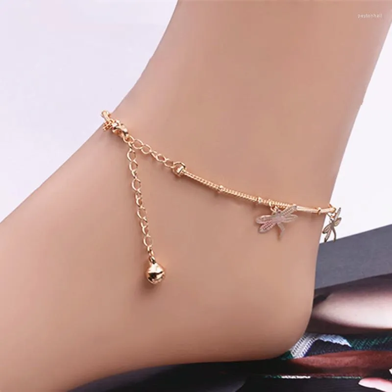 Anklets 2023 Vintage Anklet Girls Fashion Simple Dragonfly Armband Golden Beads Chain Beach Foot Sandal Jewely Trevlig gåva