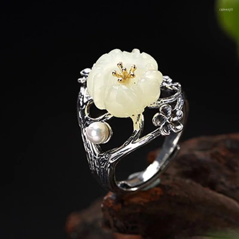 Clusterringen S925 Sterling Silver Thaise Nature Wit Jade Natural Pearl Ring Vintage Classical Plum Flower Leaf Women Open