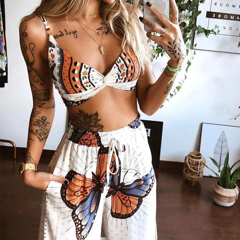 Kvinnors tvåbitar byxor Kvinnor 2023 Fashion Trend Women Casual Two-Piece Summer Clothes Set Butterfly Printed Crop Tops Loose Long Long