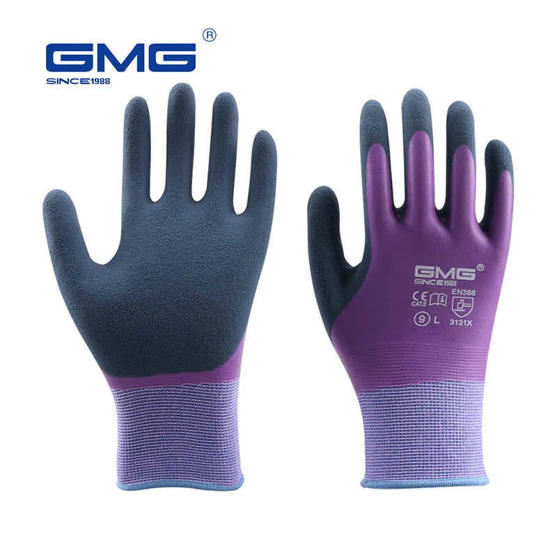 Work Gloves Waterproof GMG Purple Polyester Grey Latex Sandy