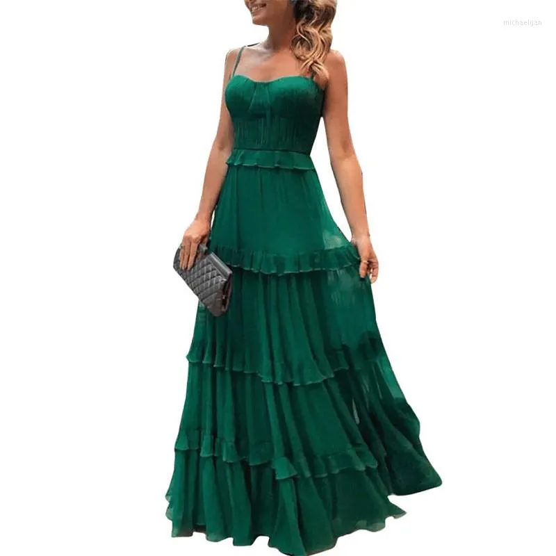 Vestidos casuales verde tul correa de espagueti vestido de mujer elegante fiesta noche sin mangas Sexy largo plisado volantes Maxi verano