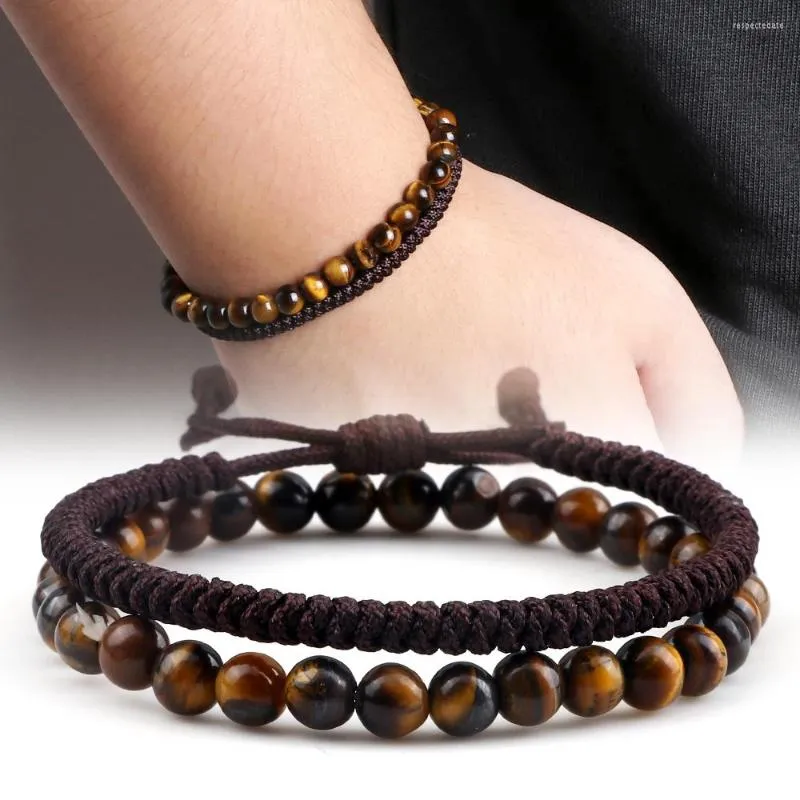 Strand 2 pièces/ensemble perles Bracelet charme corde en Nylon tressé chaîne Bracelet naturel oeil de tigre pierre lave Bracelets pour femme hommes Yoga bijoux