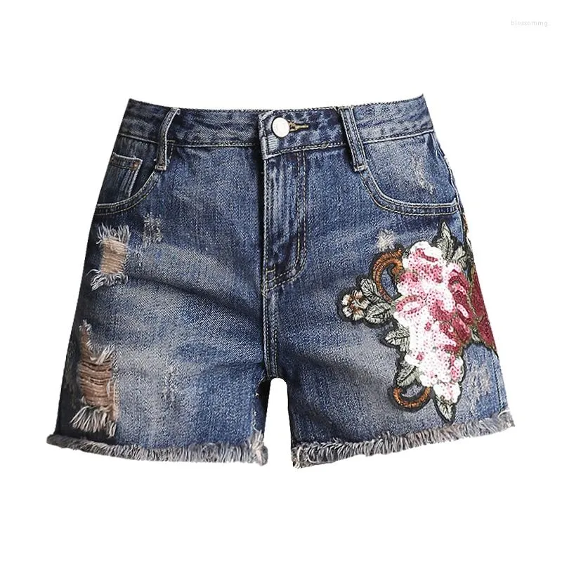 Women's Shorts Summer Embroidery Sequined Denim For Women's Bf High-waisted Skinny Wide-leg Trousers