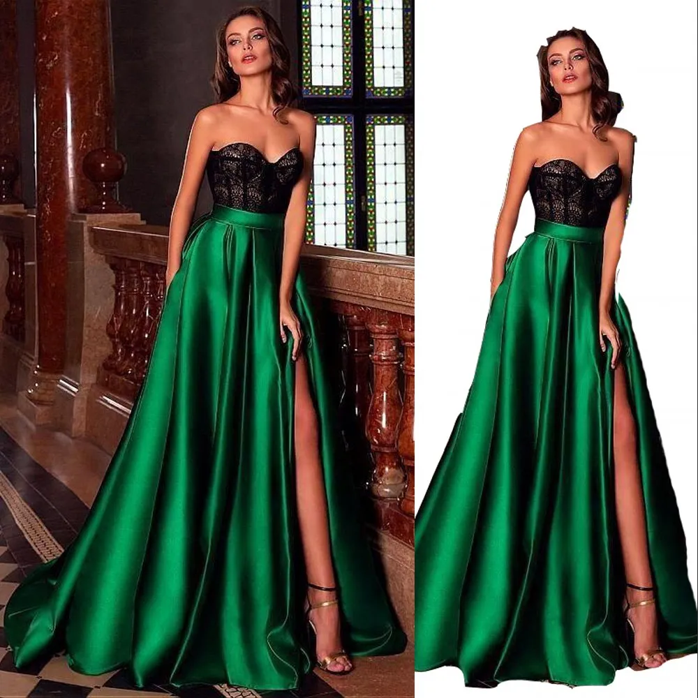 2023 Vestidos de noche de color verde oscuro Use un vestido de fiesta Vestido de fiesta sin mangas con escote corazón de encaje negro para ocasiones formales Vestidos de satén con abertura lateral