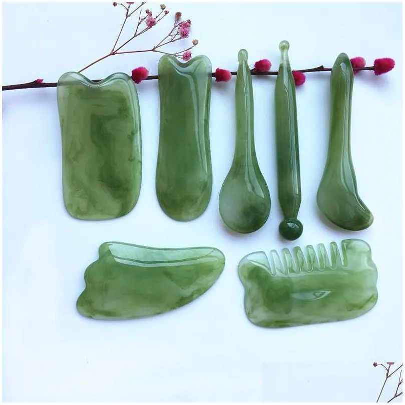 Massage Pierres Roches Jade Gua Sha Outil Mas Miel Cire Ambre Méridien Santé Acupoint Et Tendon Pling Beauté Tablette 7 Pièces Ensemble Cadeau Dh6V0