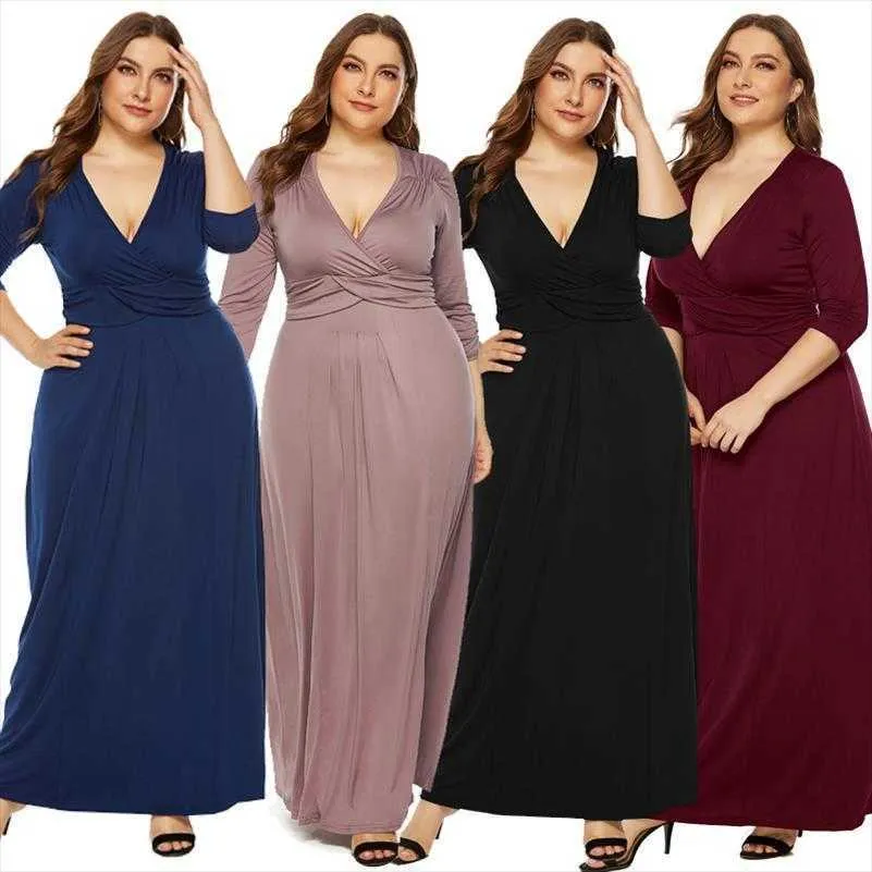 Grande taille femmes robes décontractées élégant Sexy col en V profond balançoire longue robe haute