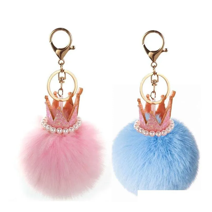 Keychains lanyards 8cm pluizige konijnen furbal hanger parel kroon sleutelhang ketting pompons ring metalen auto handtas cadeau accessoires drop d dhjlw