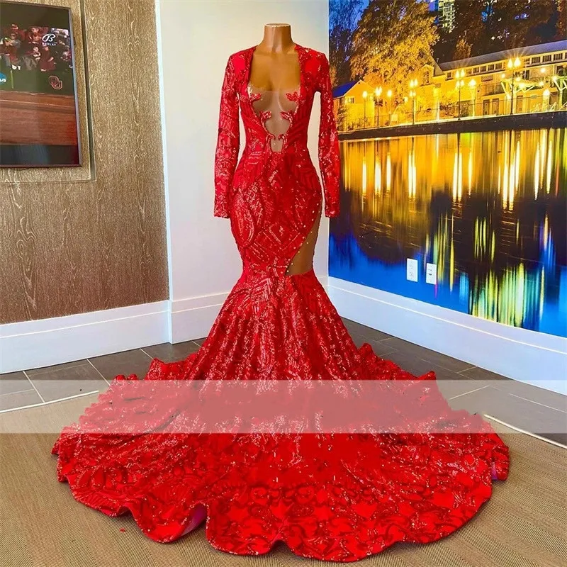 Red Lace Prom Dresses For Black Girls Sparkly Sequins Long Sleeve Birthday Party Formal Ocn Evening Gowns Robe 322 Mal Mal