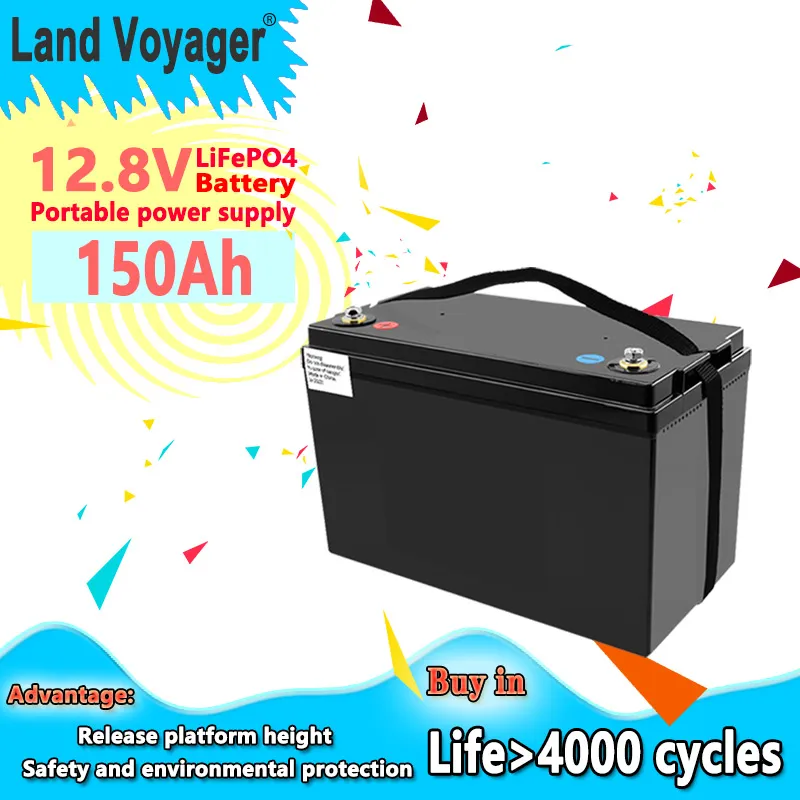 Batterie Lifepo4 12.8V, 150ah, stockage d'énergie étanche pour l'extérieur, haute énergie et longue durée de vie, avec chargeur BMS intégré