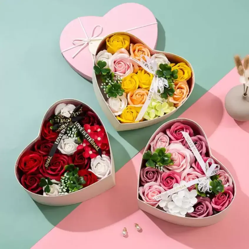 Valentines Day Soap Flower Heart-Shaped Rose Flowers and Box Bouquet Wedding Decoration Gift Festival Presents FY3563 TT0112