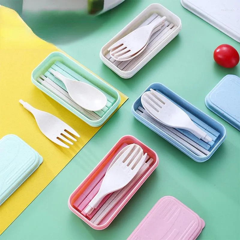 Dinnerware Sets Travel Portable Cutlery Set Spoon Fork Chopsticks Wheat Straw 3PCS/Set Flatware With Box Kitchen Tableware