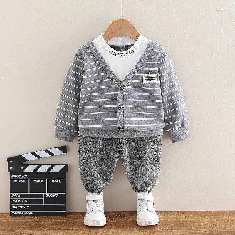 Kläder sätter hösten 0-4-årig rand Fake Three Piece Children's Suid Solid Color Letter Top Jeans Two Baby Sportswear