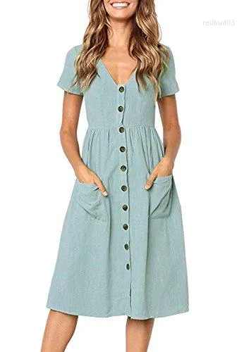 Vestidos casuais Yidarton Summer feminino Manga curta V Botão de pescoço para baixo causal Swing midi vestido com bolsos