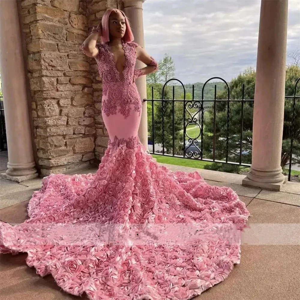 Lace Appliques Pink Elegant Mermaid Prom Dresses 2023 Beaded Sheer Sleeve Formal Party Gowns Evening Dress Vestido De Fiesta