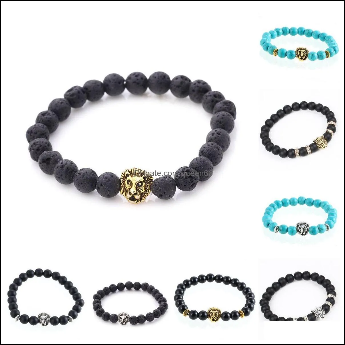 Bracelets de charme Charms pour hommes plaqué Bouddha Leo Lion Head Bracelet Black Lava Pierre Naturelle Perlée Drop Livraison Bijoux Dh1Hj