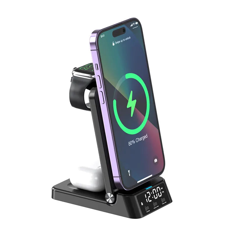 4 i 1 vikbar Qi Fast Wireless Charger Pad Station med v￤ckarklocka f￶r iPhone 14 13 12 Pro Max Apple Watch AirPods 3 Samsung Xiaomi Huawei -smartphones