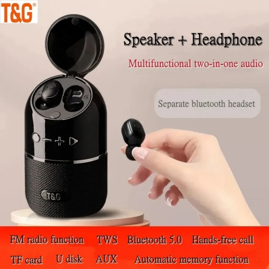 Portable Mini 2 i 1 tr￥dl￶s Bluetooth-h￶gtalare Tr￥dl￶sa h￶rlurar Tv￥-i-en TWS Subwoofer Stereo Handsfree Multi-Function TF Card FM Radio