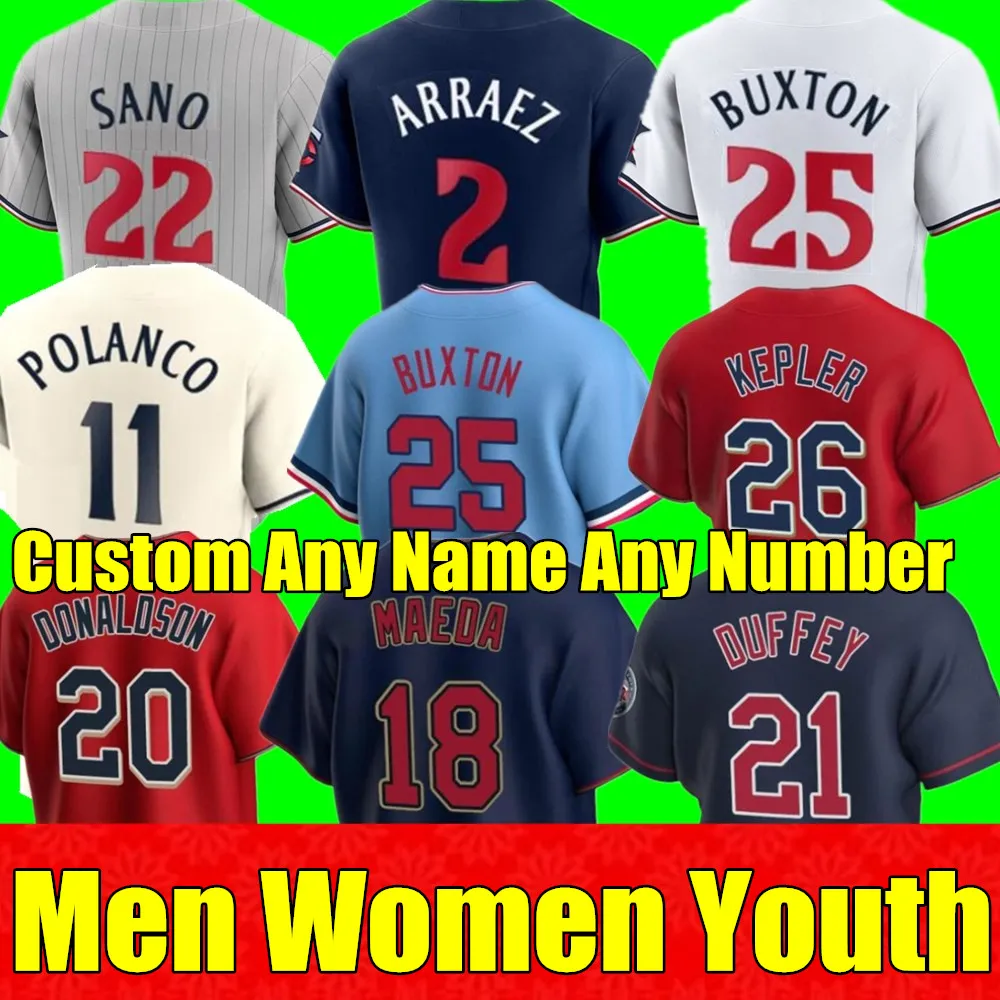 S-4XL 2023 Homens Mulheres Juventude Jerseys de Beisebol Carlos Correa BYRON BUXTON JORGE POLANCO JOSH DONALDSON MINNESOTA MAX KEPLER GÊMEOS MICHAEL PINEDA JERSEY Personalizado