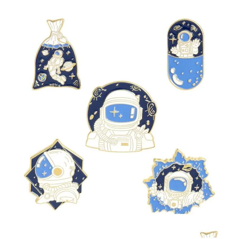 Broches Broches Dessin animé créatif espace astronaute ensemble 5 pièces Capse sac à eau émail peinture insignes pour garçons alliage broche Denim chemise mode Dhoeb