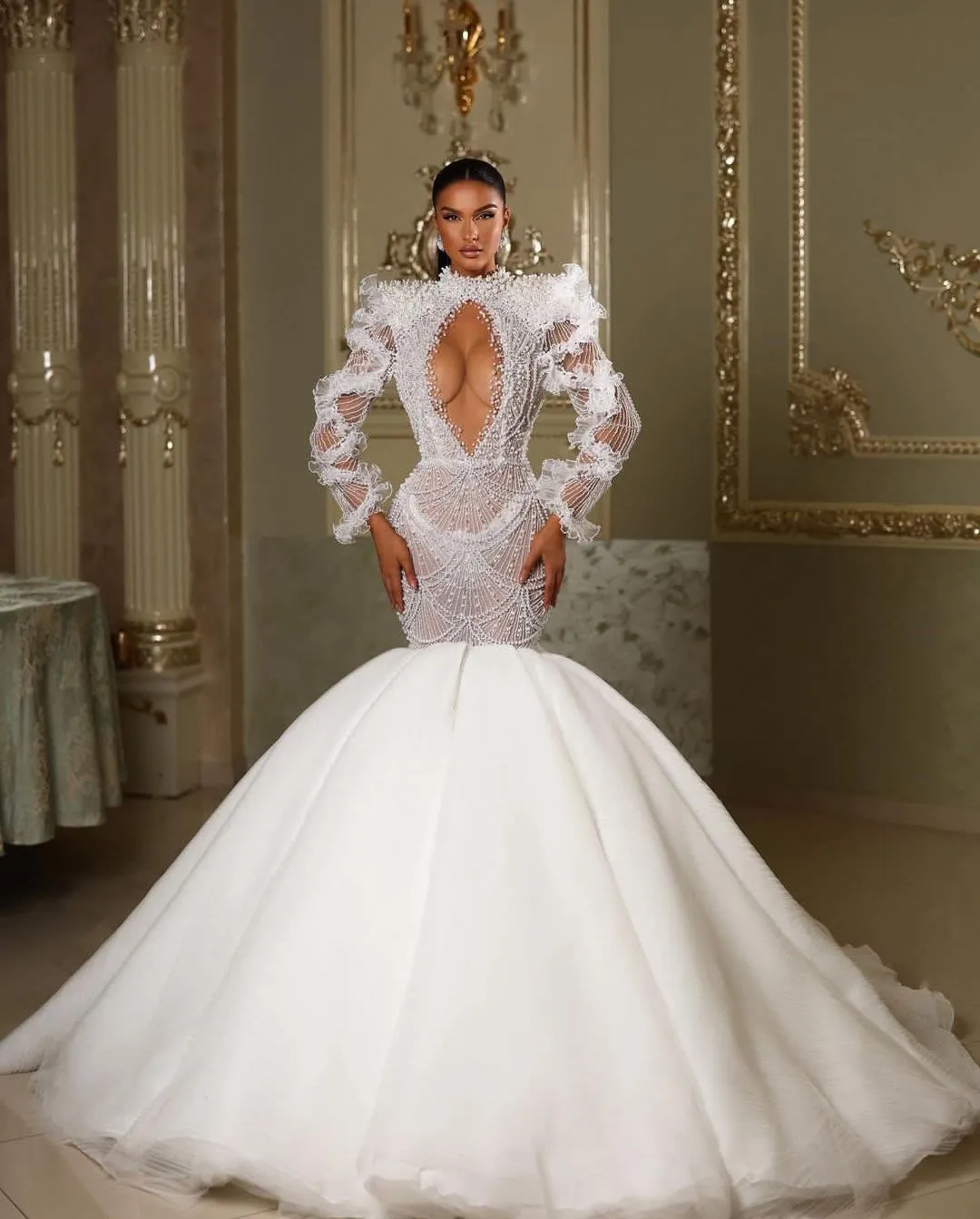 Plus Size sparkly mermaid wedding dress with Long Sleeves, V-Neck, Halter Neckline, 3D Lace Appliques, Sequins, Beaded Folds, Trumpet Train - Perfect