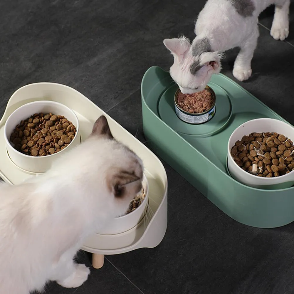 Cat Bowls Feeders Pet dining table Dual Feeding Neck Protect Nonslip Ceramic for Dog Water Food Feeder 230111