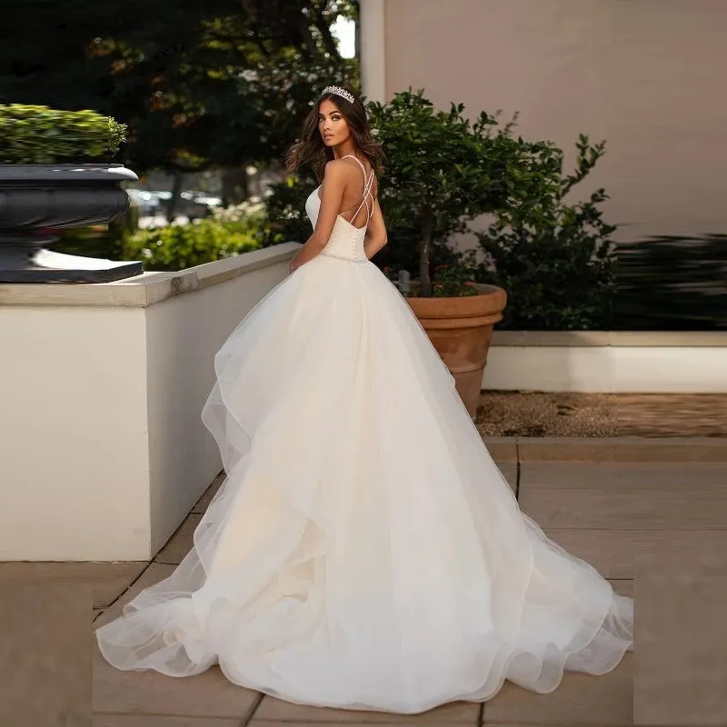 Modern Simple Organza Aline Sleeveless Wedding Gowns Sweetheart For Bride  Cross Back Beaded Unique Design Formal