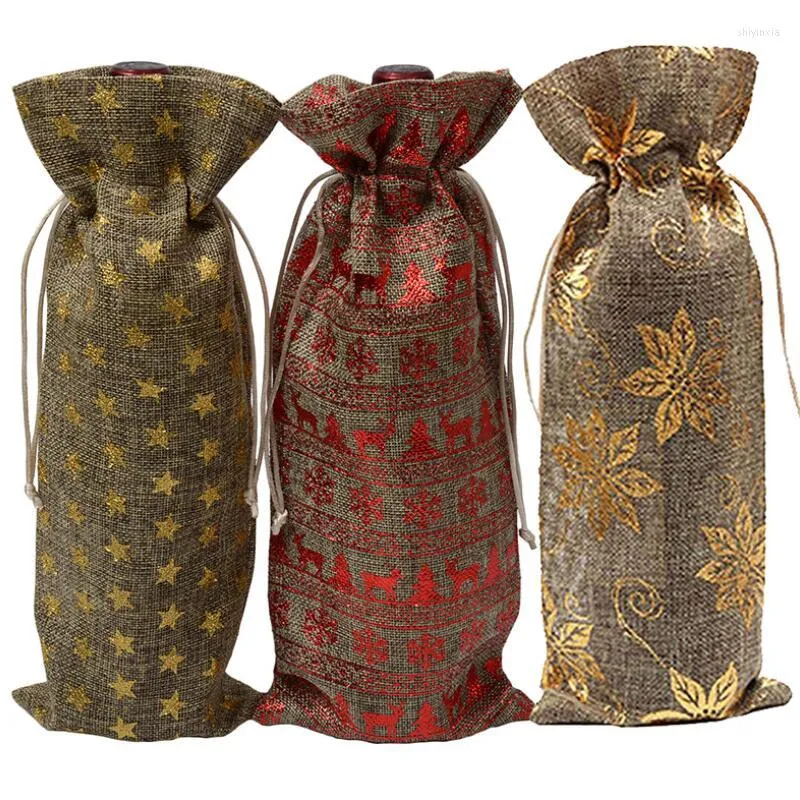 Confezioni regalo Copertine per sacchetti di bottiglie di vino in iuta Champagne Borse per imballaggio cieco Decorazioni per la tavola di nozze di Natale in iuta rustica LX8649