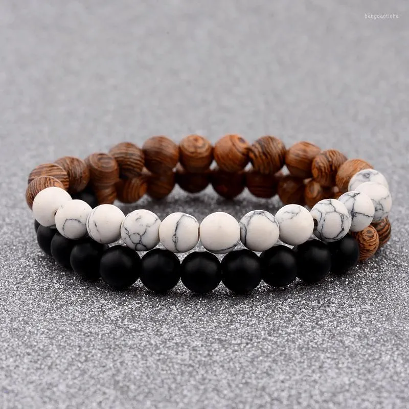 Strand Beaded Strands DOUVEI Fashion Natural Wood Beads Bracelets White&Black Matte Onyx Prayer Bead Bracelet Women Wooden Yoga Jewelry