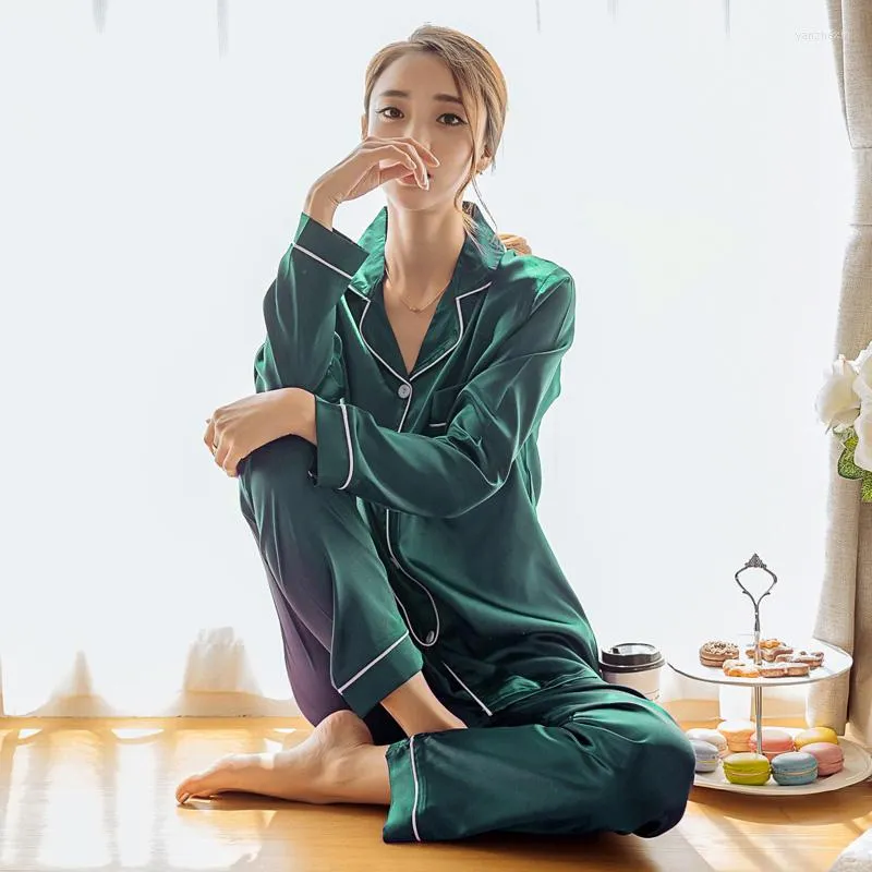 Women's Tracksuits Womens Silk Satin Pajamas Pyjamas Set Long Sleeve Sleepwear Pijama Suit Female Two Piece Loungewear Plus Size M-5XL