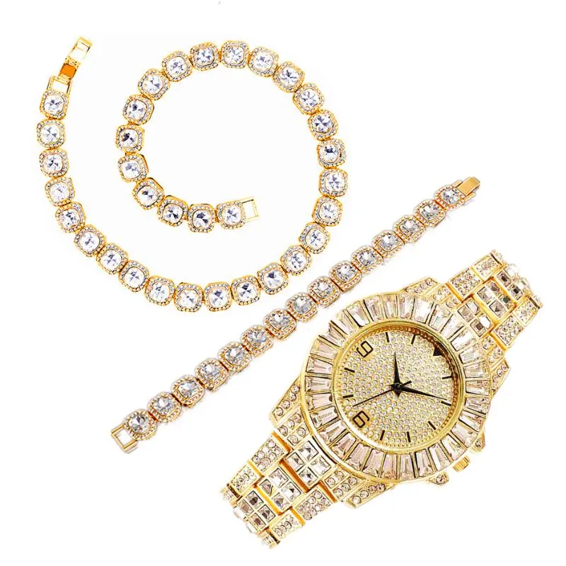 Chaînes Collier Montre Bracelet Hip Hop Glacé Tennis Chaîne Bling Pavé CZ Pour Hommes Femmes Ensemble Bijoux En Or Ras Du Cou