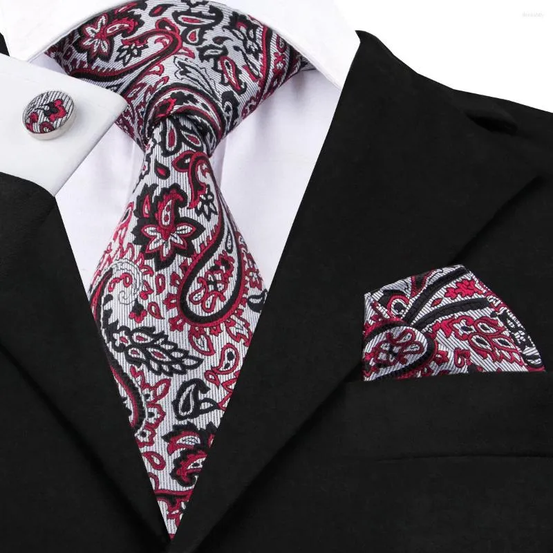 Bow Ties SN-1627 Hi-Tie 2023 Anländer grå Paisley Neck Tie Hanky ​​manschettknappar Set handgjorda siden Gravatas Mens Corbatas till försäljning