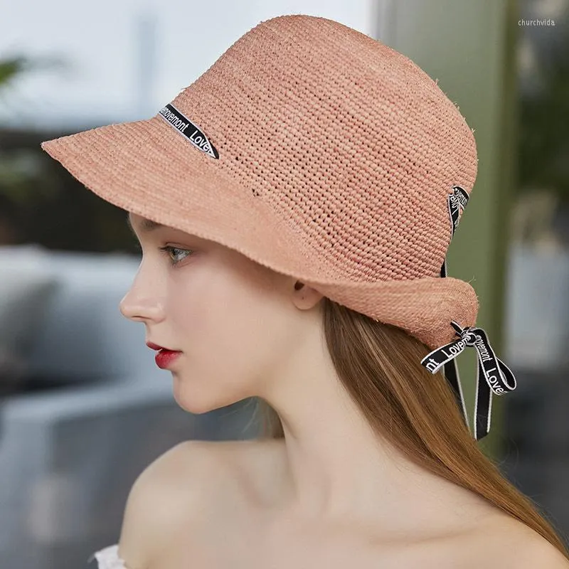 Wide Brim Hats Raffia Ribbon Sun Hat Girl Summer Base Cap Shopping Travel Crochet Protection Caps Women Sunscreen Fisherman Cool H6562
