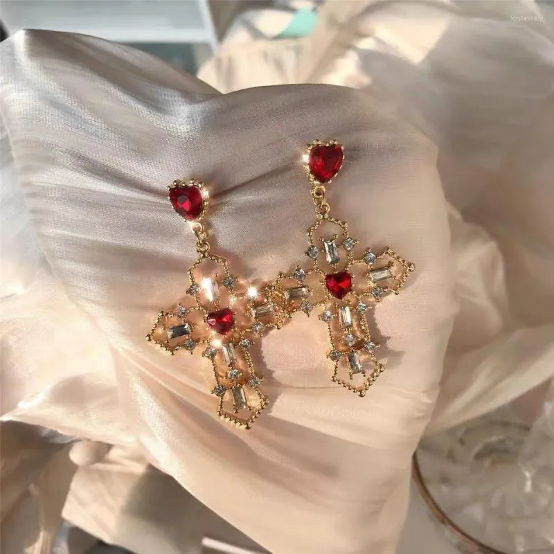 Ohrstecker Vintage Rotes Herz Kristall Für Frauen Kreuz Anhänger Strass Baumeln Ohrclip Schmuck Party Jahrestag Geschenk Pendientes