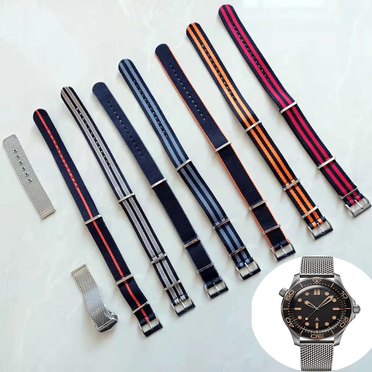 شاهد عصابات 007 300M حزام الناتو لمراقبة الفاخرة Master NTTD Band Watch Accessories مع Silver Original Clasp Wristwatches Bands